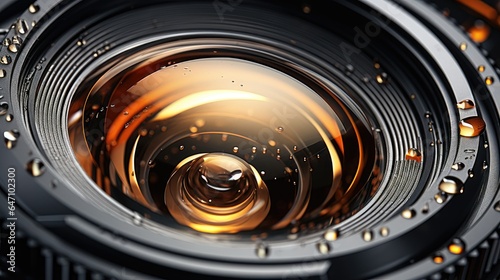 Camera lens close-up, water droplets on the lens glass, generative ai