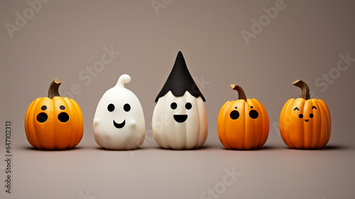 Cute and spooky halloween decorations with pumpkins. Happy halloween background with cute jack o lanterns