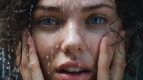 Woman in the shower, close-up face, generative ai