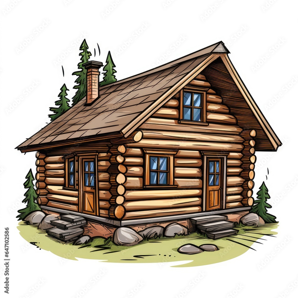 Cute Log Cabin with Cartoon Style isolated on a white background