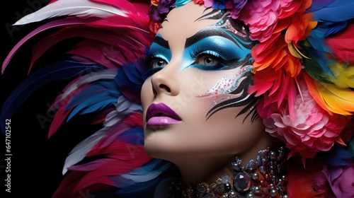 Beautiful Brazilian woman with colorful makeup, sexy carnival woman with feather headdress, generative ai