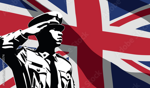 Silhouette of soldier with United Kingdom flag on background.