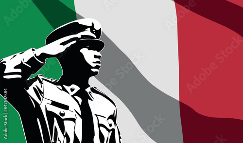 Silhouette of soldier with Italy flag on background.