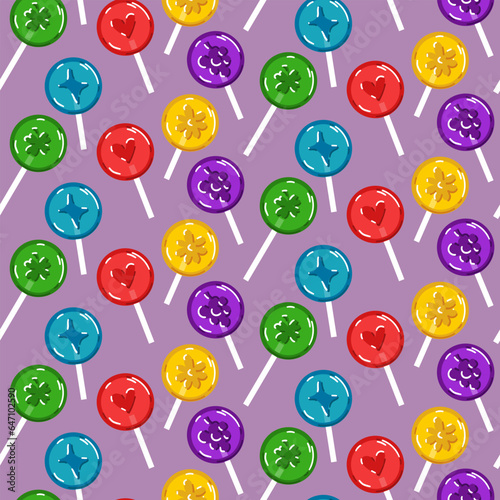 Seamless lollipop pattern on a candy stick, hand-drawn vector illustration with flat colored candies. Sweets with different images and flavors Lemon, cherry, apple, blueberry, grape on a purple