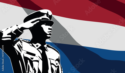 Silhouette of soldier with Netherlands flag on background.