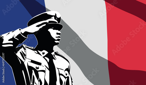 Silhouette of soldier with France flag on background.