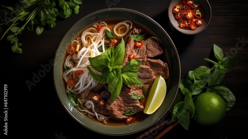 Pho dish top-down, steaming bowl of rice noodles and tender beef slices in a savory broth, served with fresh herbs and lime, Vietnam's comfort dish, generative ai