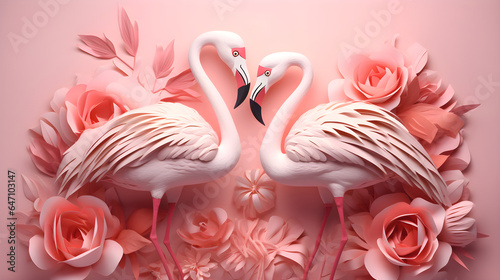 two pink flamingos are laying across a sky blue background with flowers with paper cut-outs style 3d, illustrations  © weerasak