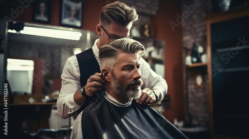 Man getting a haircut in a barbershop, AI generated Image