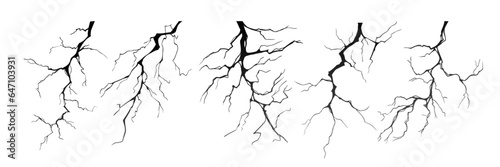 Lightning strike bolt silhouettes vector illustration set. Black thunderbolts and zippers are natural phenomena isolated on a white background. Thunderstorm electric effect of light and shining flash.