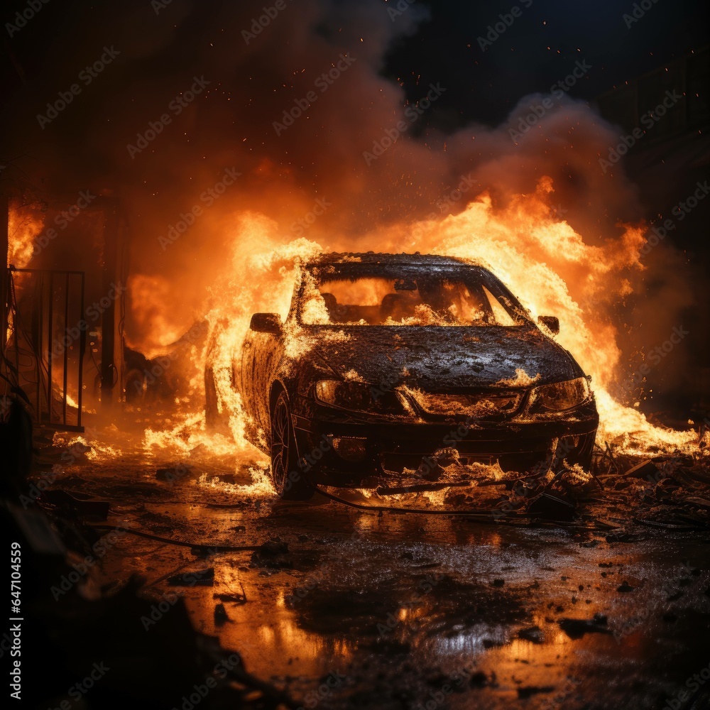 a harrowing scene capturing the raw intensity of a car engulfed in ...