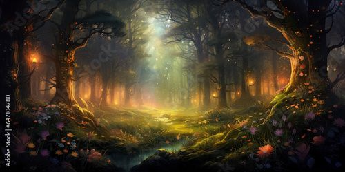In a fantasy forest  a tranquil river winds its way through vibrant flowers. AI Generative.