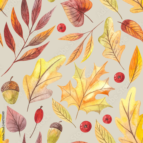 Hand drawn watercolor pattern with autumn leaves