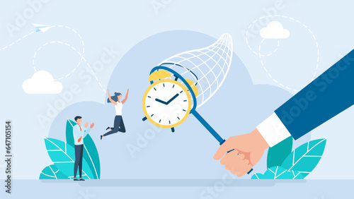 Deadline, planning, time management, chasing the clock. Tiny Characters Chasing the Running Time. Businessman holding a butterfly net. Man Rushes To Catch Clock With Butterfly Net. Vector Illustration