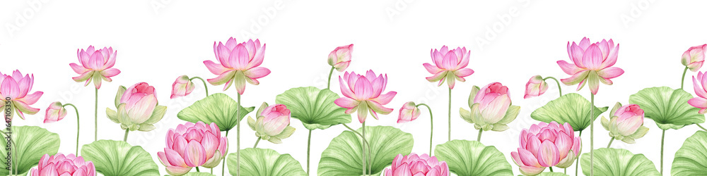 Pink lotus flowers and leaves. Watercolor seamless border. Tropical flora. Oriental traditional pattern. Isolated. For the design of goods, packaging, invitations. postcards