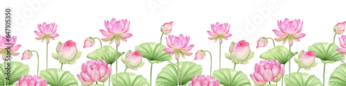 Pink lotus flowers and leaves. Watercolor seamless border. Tropical flora. Oriental traditional pattern. Isolated. For the design of goods  packaging  invitations. postcards