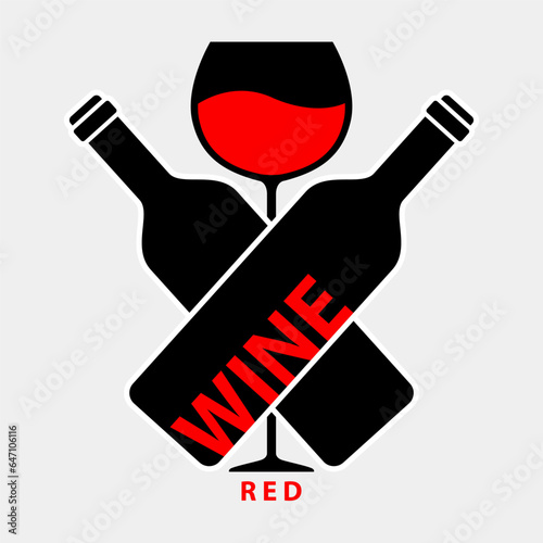 Wine Red logo with wine bottle and wineglass. Vector Illustration