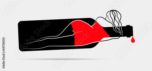 Wine Bottle Woman Logo. Sexy Lady in Red. Erotic background. Girl, Bar and Nightclub. Vector Illustration