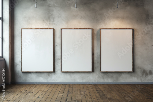 Three blank frames hanging on gray wall for presentation and mock up