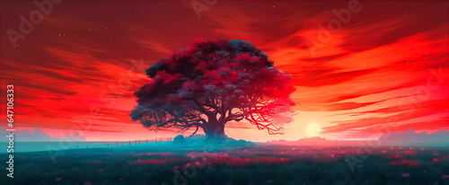 Solitary Tree in a Red Sunset Field