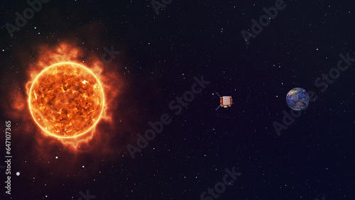 Fototapeta Naklejka Na Ścianę i Meble -  Spacecraft Transmitting signals capture Sun Information back to Earth