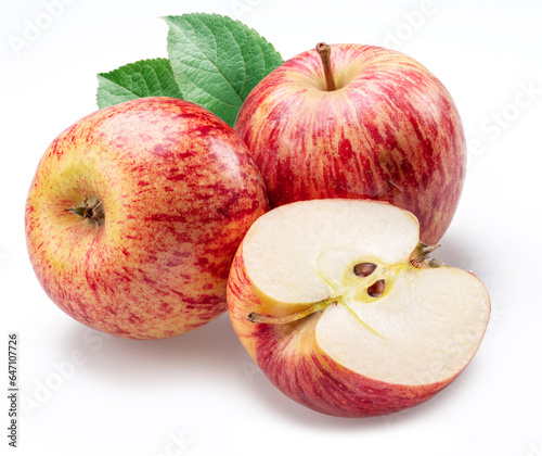 Ripe honeycrisp apples and apple slice isolated on white background.