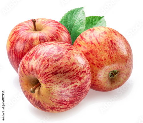 Ripe honeycrisp apples and apple leaves isolated on white background.