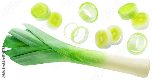 Rings of leek and leek stem isolated on white background.