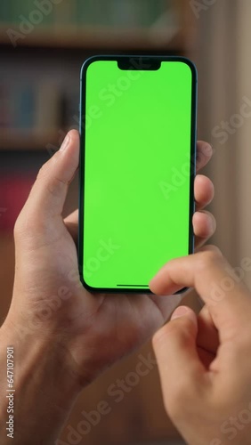 Close Up of Male Hands Using Phone with Mock Up Green Screen