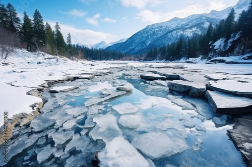 Lake in winter with ice breaking, cracks