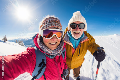 Senior active couple ski in mountains