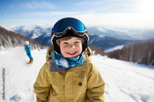 Kid learning to ski in the mountains, happy wintertime, winter break