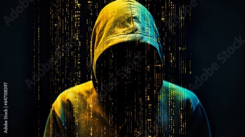 Coder in a hoodie, face unrecognizable. Hacker, computer security. Cyber security. Identity theft. Code running in green, yellow glitch. Anonymity in web. Dark web, phishing, cyber attack. Concept.