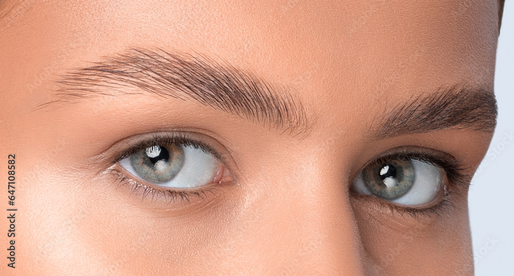 Fototapeta premium The make-up artist does Long-lasting styling of the eyebrows and will color the eyebrows. Eyebrow lamination. Professional make-up and face care.