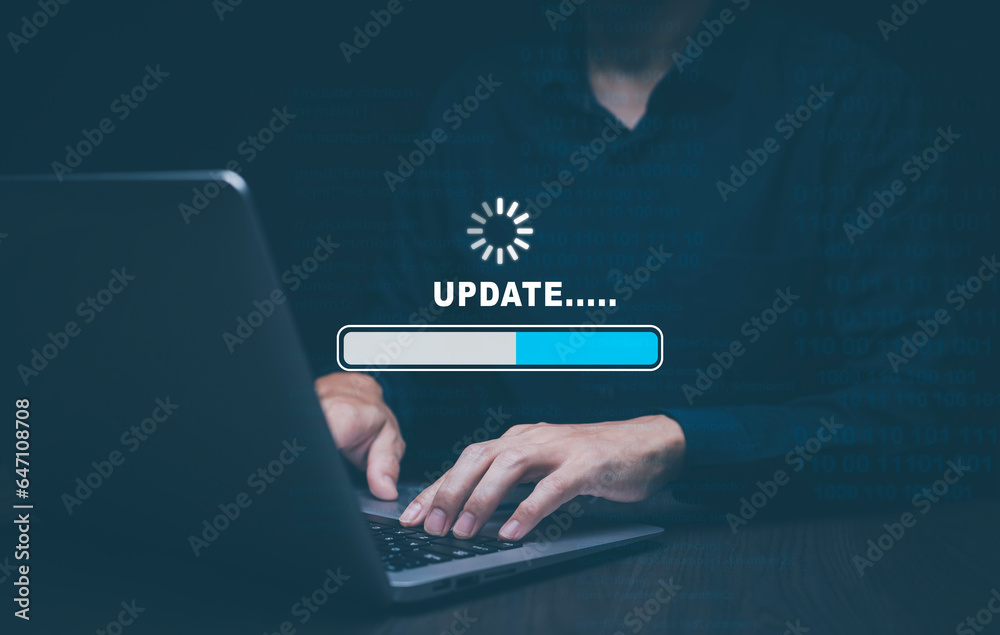 Fototapeta premium laptop with Update Software Computer Programs Upgrade Business Technology Internet, and Updates on the virtual screen. Internet and technology concept, loading bar with installing the update,
