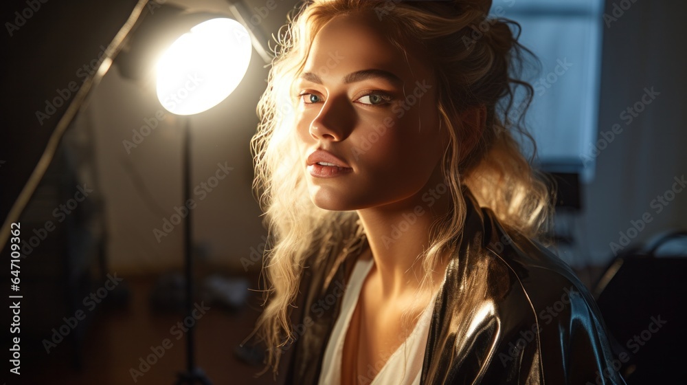Fototapeta premium Close up beauty portrait of woman with makeup and hairstyle with studio light background.