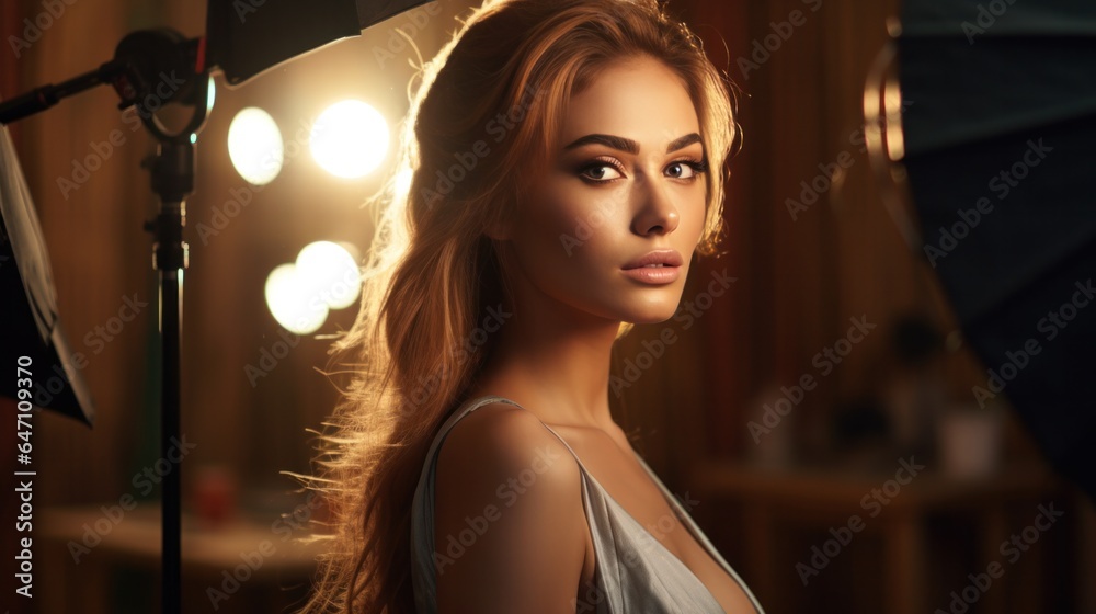 Close up beauty portrait of woman with makeup and hairstyle with studio light background.