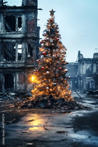 Christmas tree in ruined post war city. Concept of hope