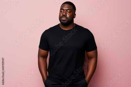 design mockup: black plus sized man wearing a blank black t-shirt, studio shot