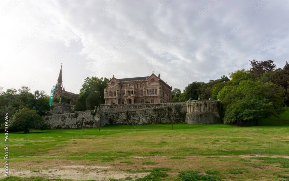 Panoramic view of the Sobrellano Palace (1888), work of the Catalan architect Joan Martorell. Comillas, Cantabria, Spain.