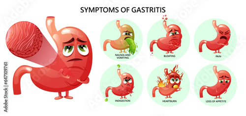 Cartoon stomach characters infographic gastritis symptoms photo