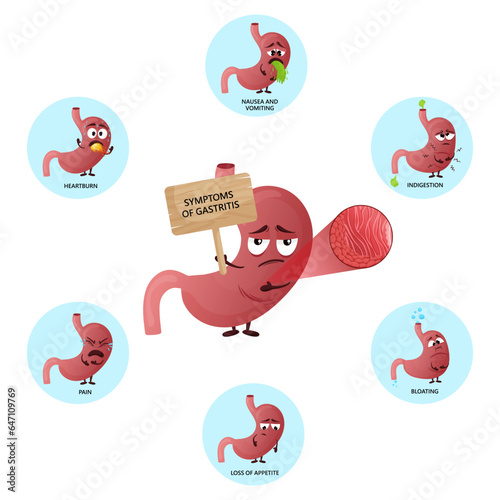 Gastritis symptoms infographic with cartoon stomach characters