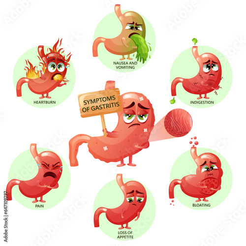 Gastritis symptoms infographic with cartoon stomach characters