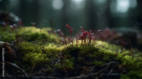 Plant growing beneath mossy ground. Created with Generative AI Technology