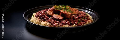 Red Beans And Rice On Black Smooth Round Plate Us Dish photo