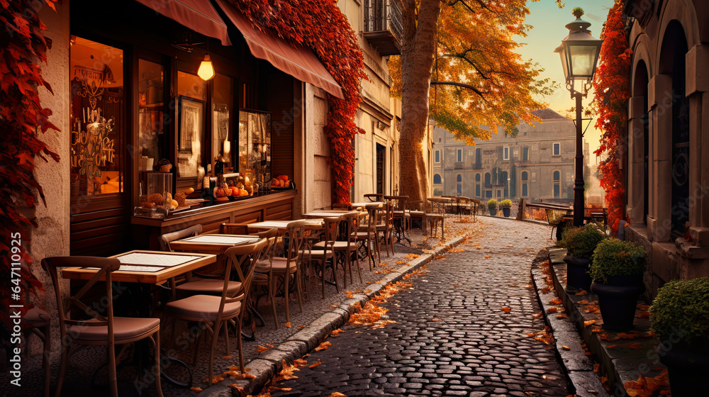 Fototapeta premium coffeeshop on a cobblestone street in New York City during Autumn