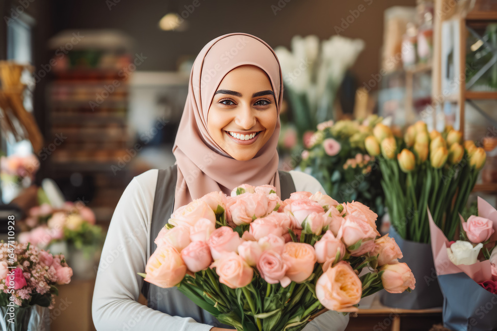Fototapeta premium Happy arab woman florist arranging flowers into bouquet in flower shop.