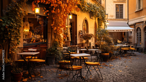 coffeeshop on a cobblestone street in New York City during Autumn © ZoomTeam