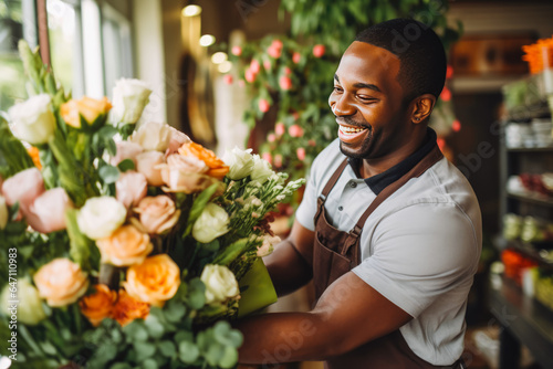 Proud happy african man florist arranging flowers into bouquet in flower shop