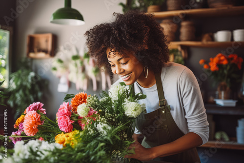 Happy african woman florist arranging flowers into bouquet in flower shop.